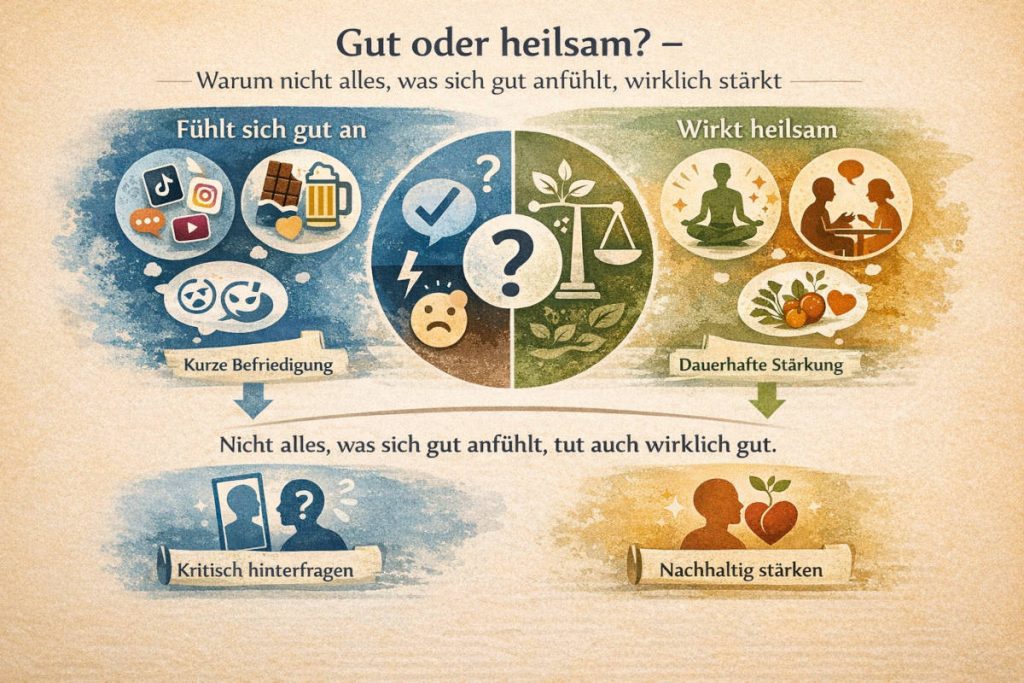 Symbolische Gegenüberstellung von kurzfristigem Wohlgefühl und langfristiger Heilsamkeit mit Icons wie Smartphone, Süßigkeiten, Herz und Pflanze.