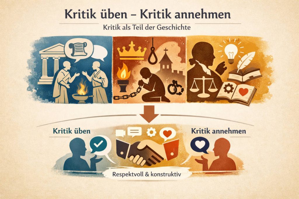 Infografik zur Bedeutung von Kritik von der Antike bis heute, mit Symbolen für Dialog, Unterdrückung, Aufklärung und respektvollen Austausch.