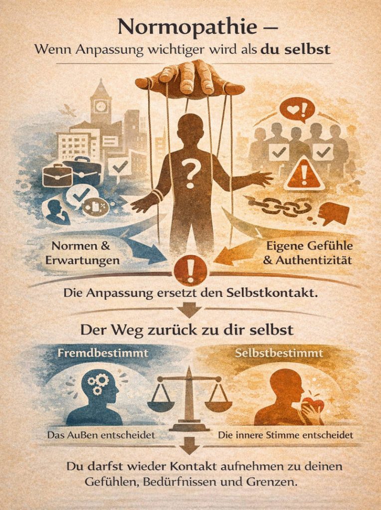 Illustration zur Normopathie mit einer Figur als Marionette zwischen gesellschaftlichen Erwartungen und eigener innerer Stimme.